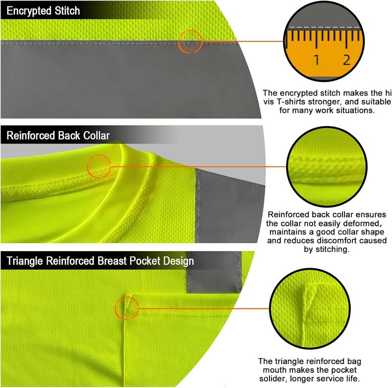 TCCFCCT Hi Vis Shirts for Men Class 3 High Visibility Shirts with Short Sleeves, Reflective Safety Shirts for Men Women, Construction Work Shirts with Black Bottom, Durable, DP-Yellow 4XL 3PCS - Image 4